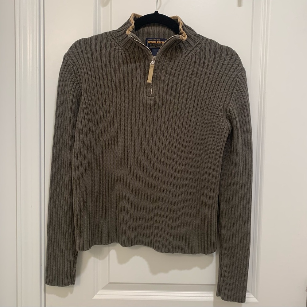 Woolrich Vintage Women's Green w/ Tan Trim 1/4 Zip Pullover Sweater Size Small